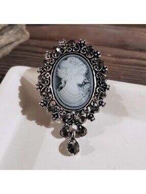 Antique Brass Bronze Lacy Victorian Style Crystal Cameo Sweater Lapel Pin Brooch
